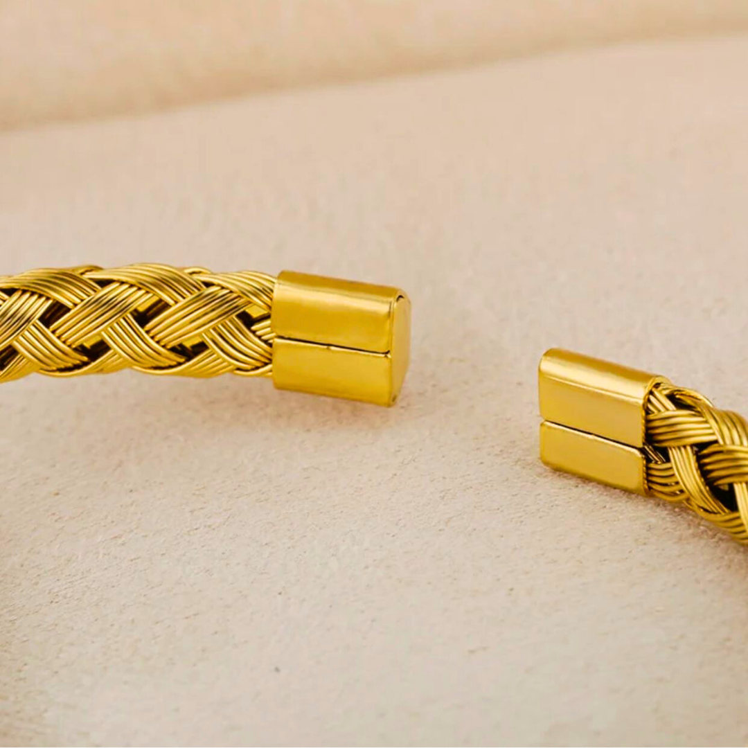Rosie | Gold Plated Braided Weaved Open Cuff Bangle Bracelet