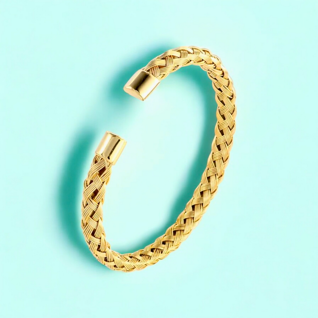Rosie | Gold Plated Braided Weaved Open Cuff Bangle Bracelet