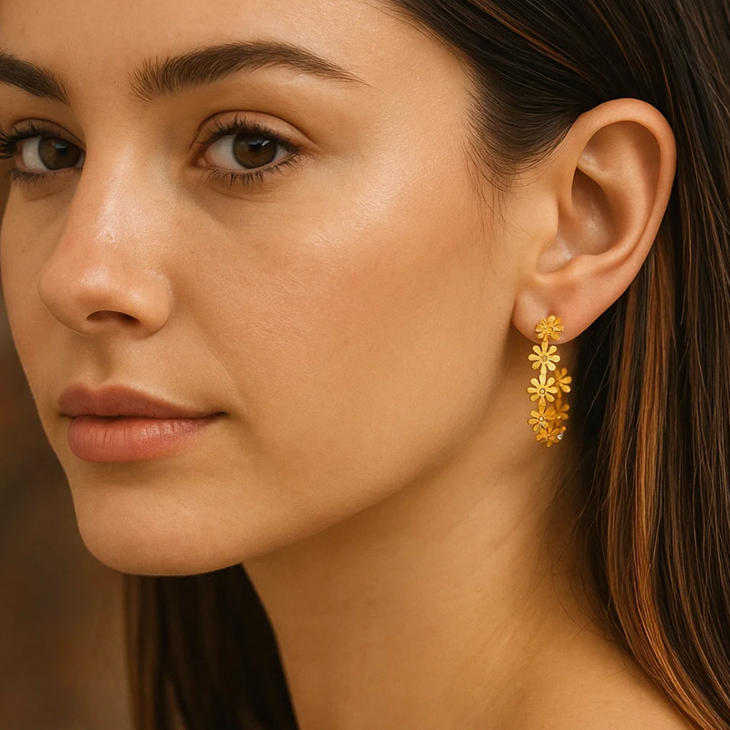 Tina | 18K Gold Plated Flower Motif C Shaped Hoop Waterproof Earrings