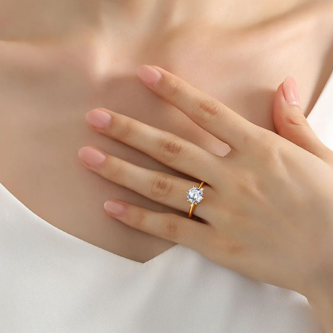 Solene | Gold (18K) Plated Circular Cut Solitaire Waterproof Ring