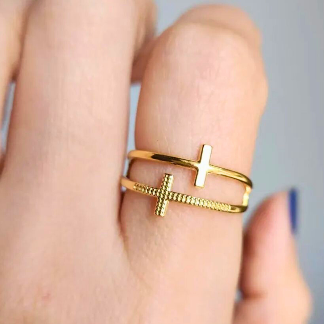 Scarlette | Gold Plated Double Cross Resizable Ring