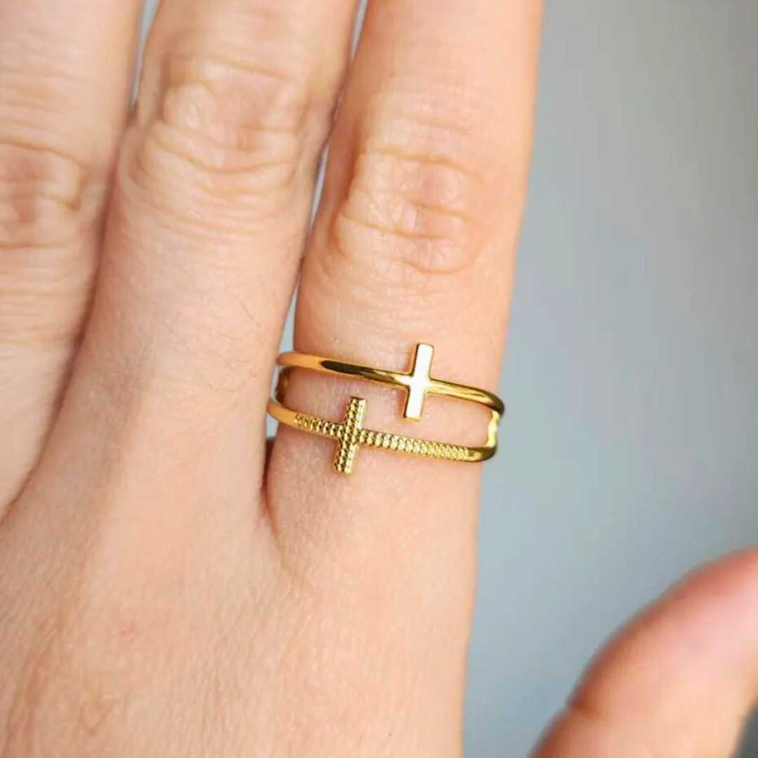 Scarlette | Gold Plated Double Cross Resizable Ring