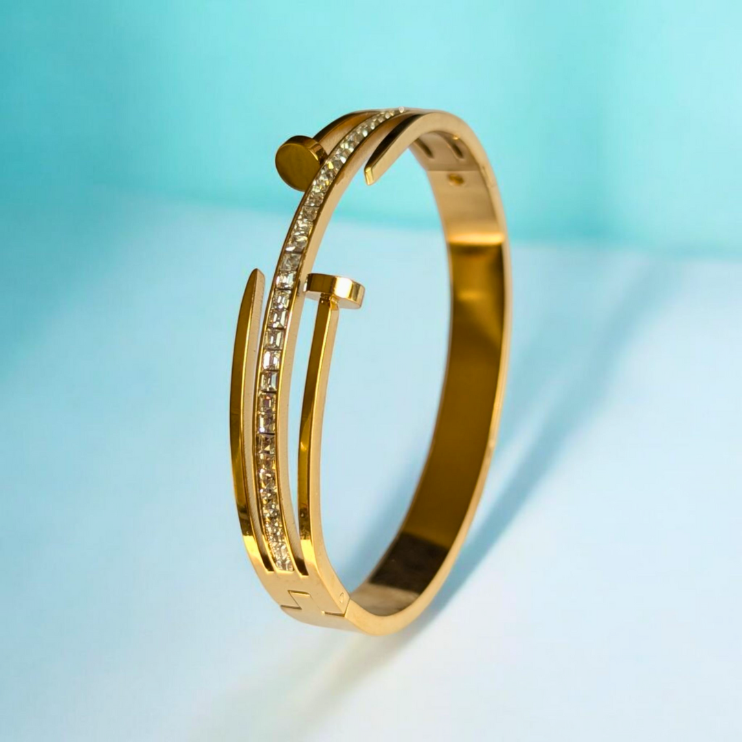 Haven | Gold-Plated Double Nail Head Cuff Bangle Bracelet with Zircons