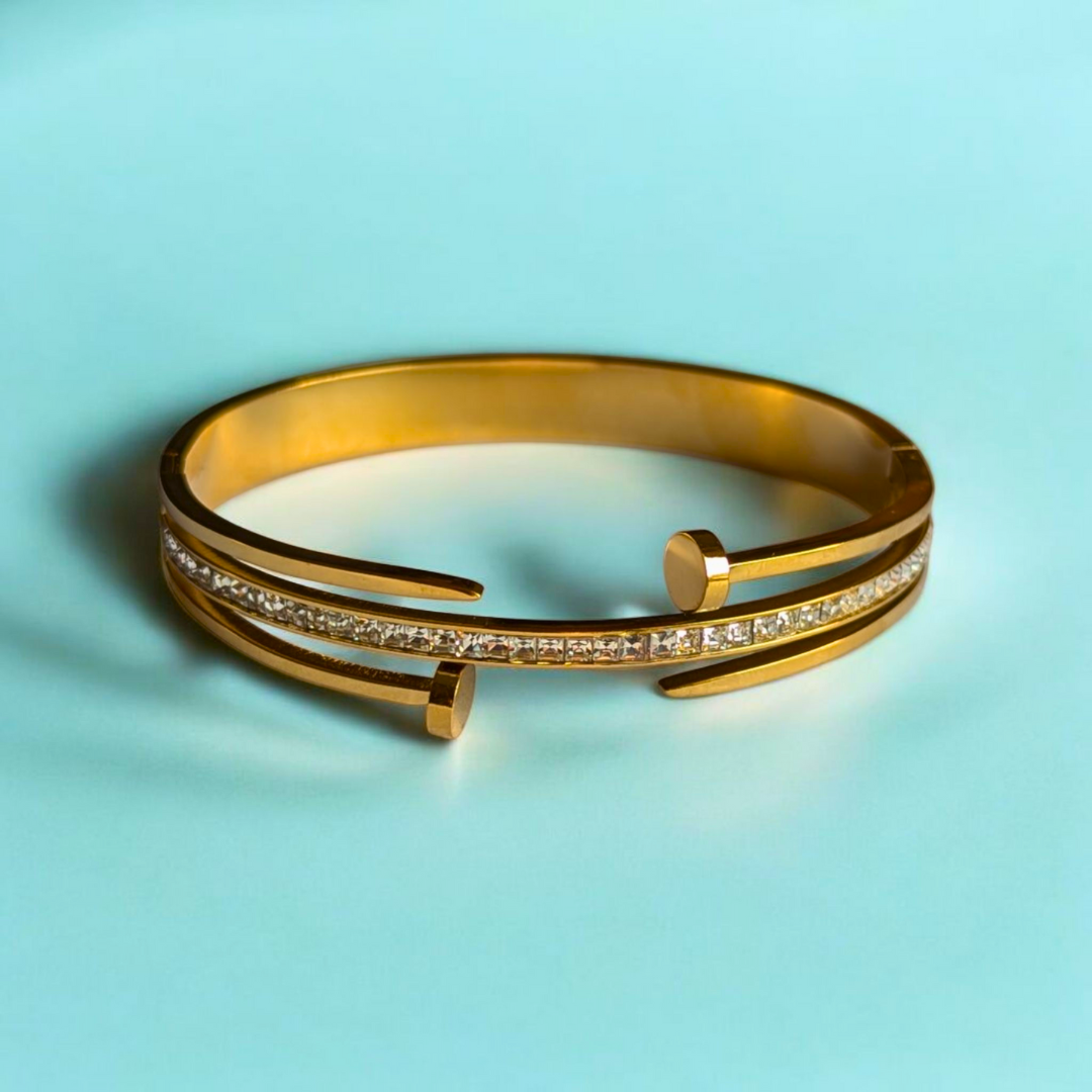 Haven | Gold-Plated Double Nail Head Cuff Bangle Bracelet with Zircons