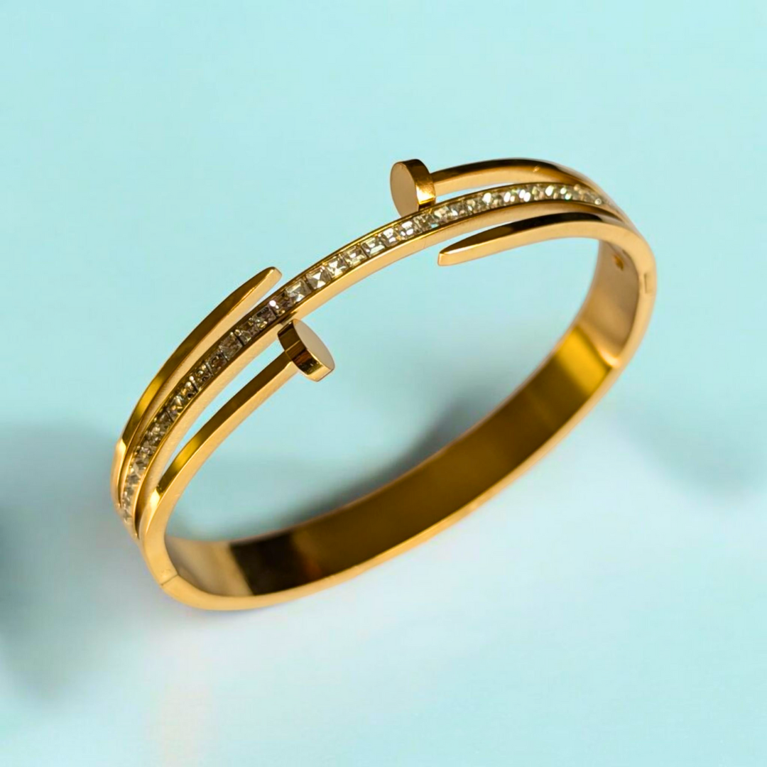 Haven | Gold-Plated Double Nail Head Cuff Bangle Bracelet with Zircons