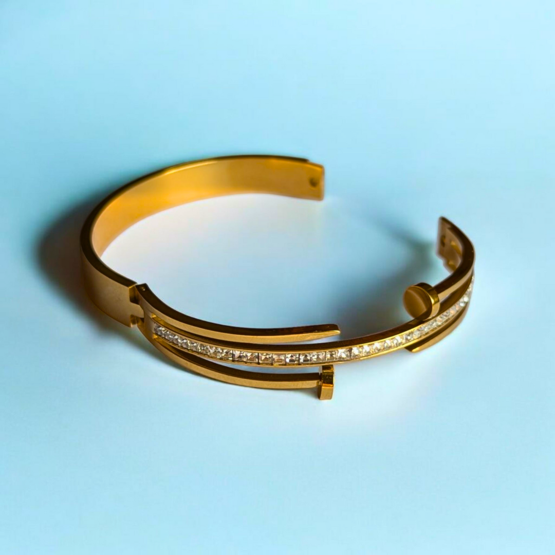 Haven | Gold-Plated Double Nail Head Cuff Bangle Bracelet with Zircons