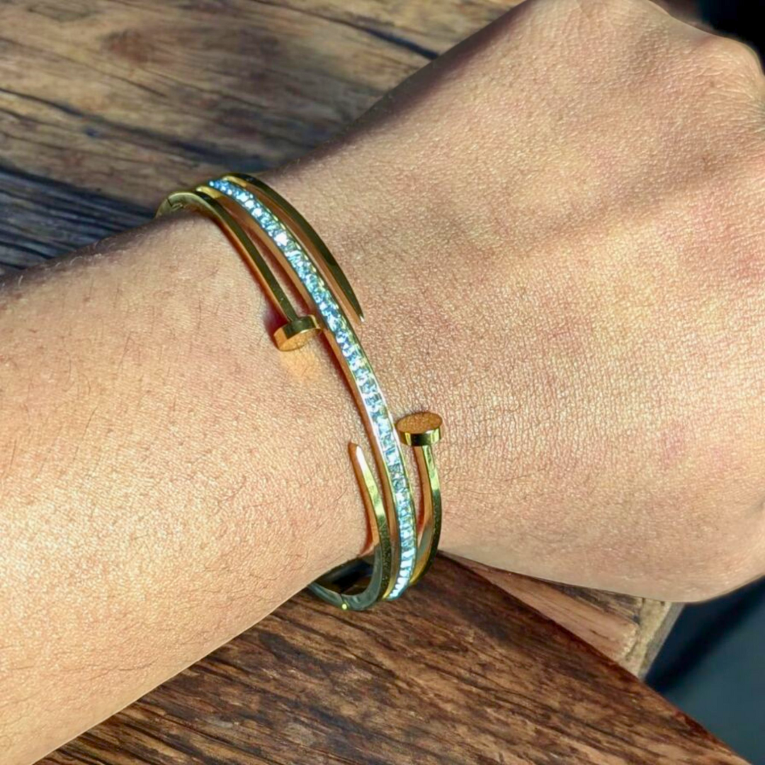 Haven | Gold-Plated Double Nail Head Cuff Bangle Bracelet with Zircons