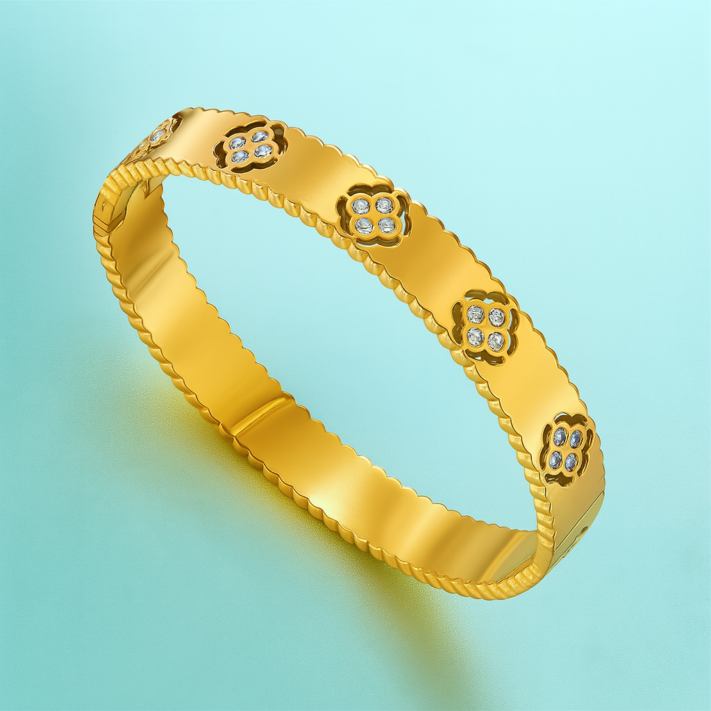 Viviana | Gold-Plated Four-Leaf Clover Cuff Bangle Bracelet with Zircons