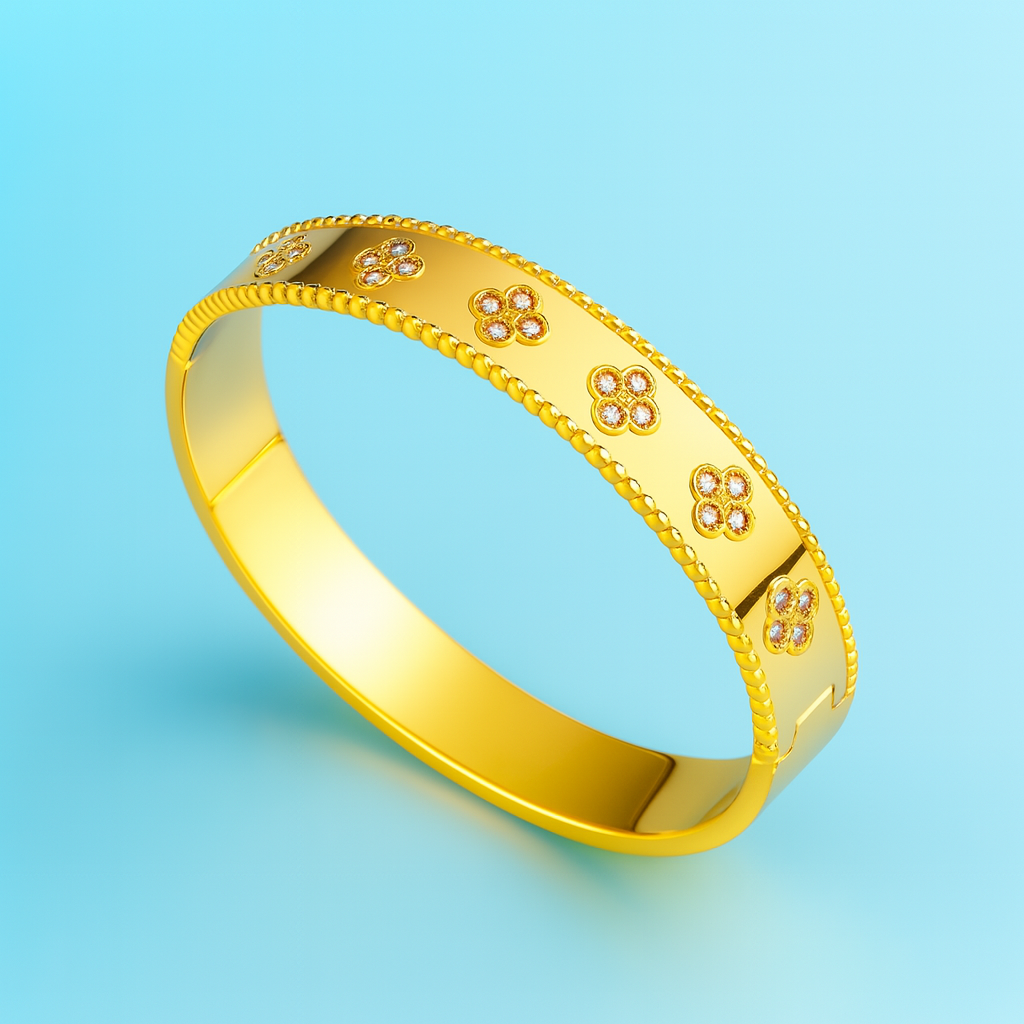Christine | Gold Plated Four-Leaf Clover Cuff Bracelet Bangle
