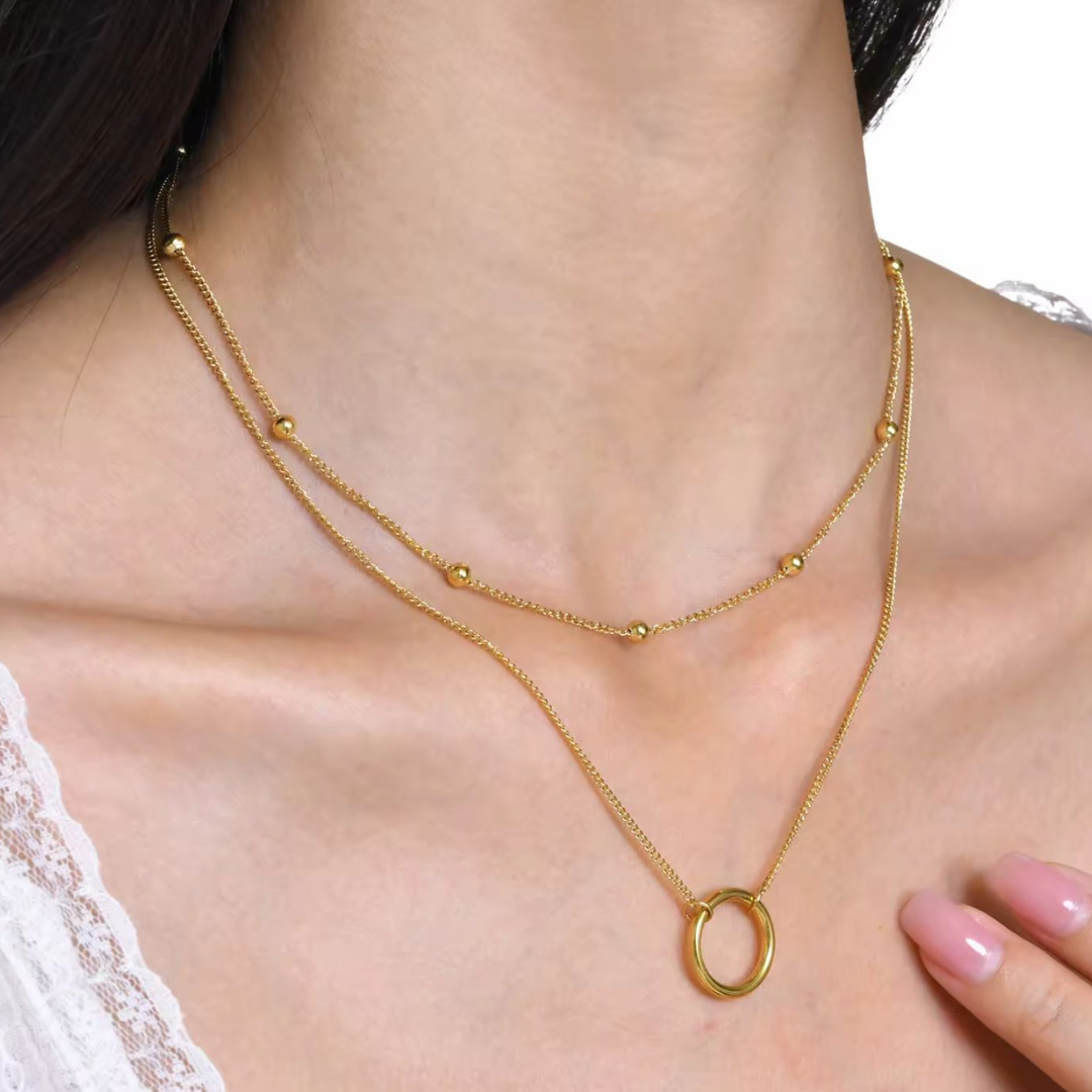 Lyandra | Gold Plated Double Layered Circular Pendant Waterproof Necklace