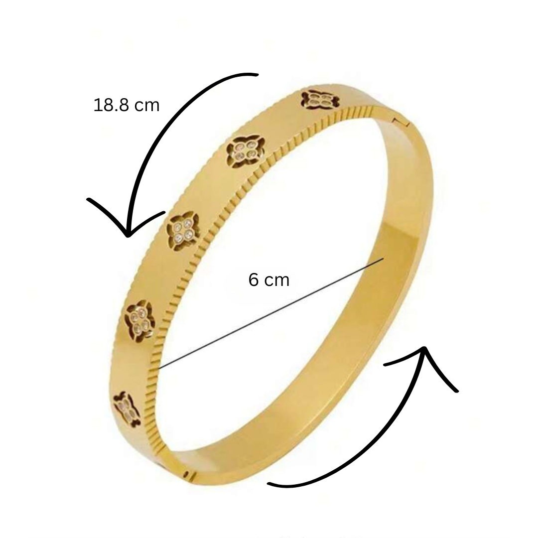 Viviana | Gold-Plated Four-Leaf Clover Cuff Bangle Bracelet with Zircons