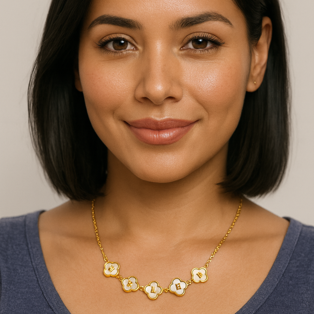 Personalised Clover Name Necklace, 18K Gold Plated Four-Leaf Pendant Waterproof