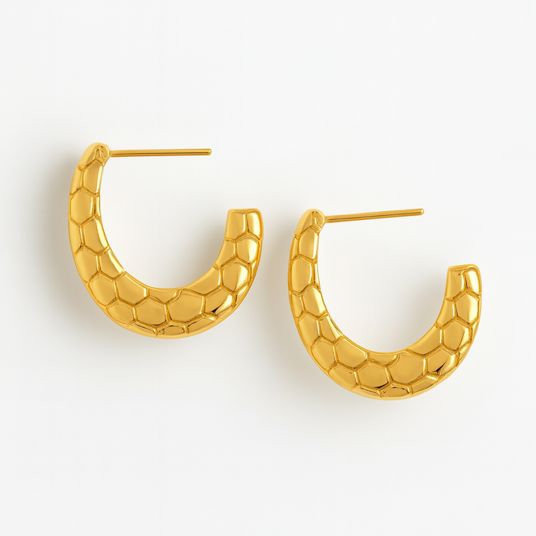 Sylvia | 18K Gold Plated French Moon Style Textured Hoop Waterproof Earrings