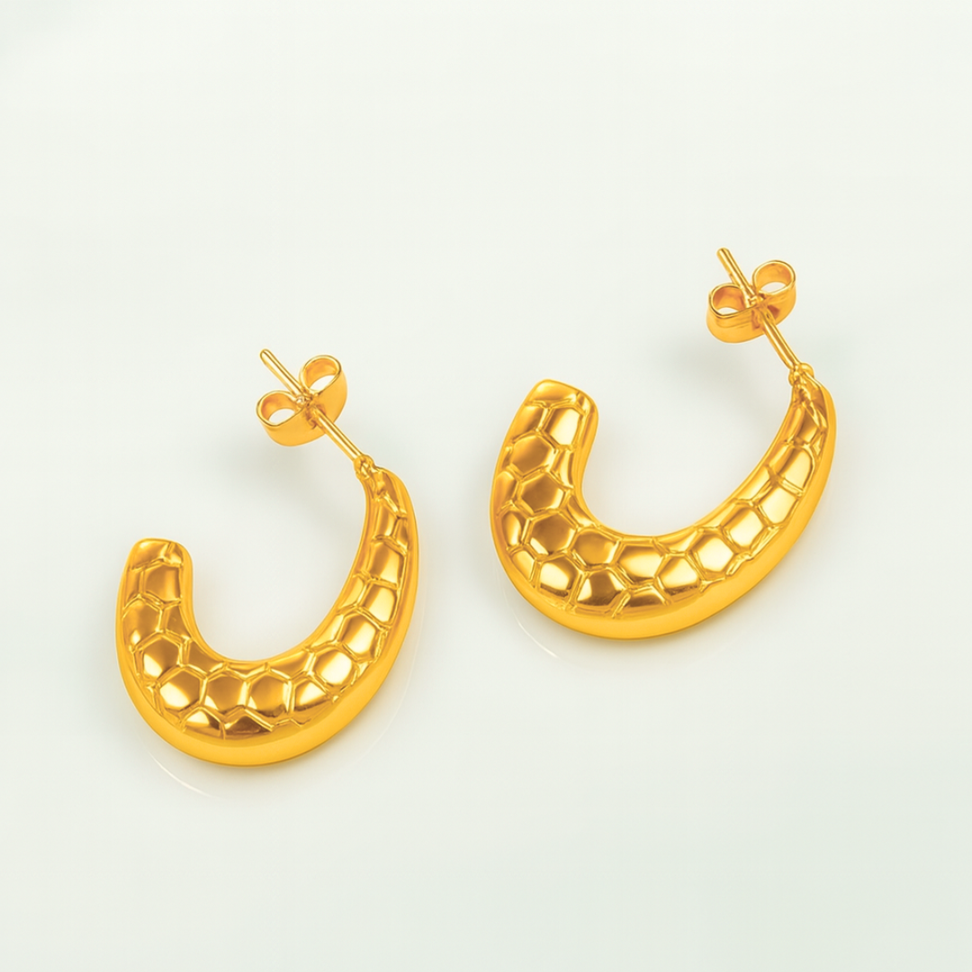 Sylvia | 18K Gold Plated French Moon Style Textured Hoop Waterproof Earrings