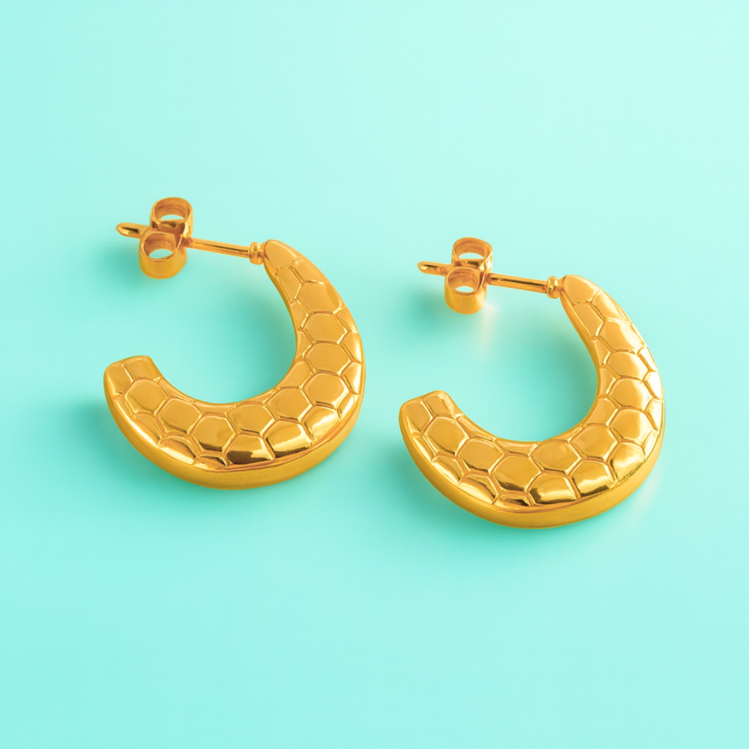 Sylvia | 18K Gold Plated French Moon Style Textured Hoop Waterproof Earrings