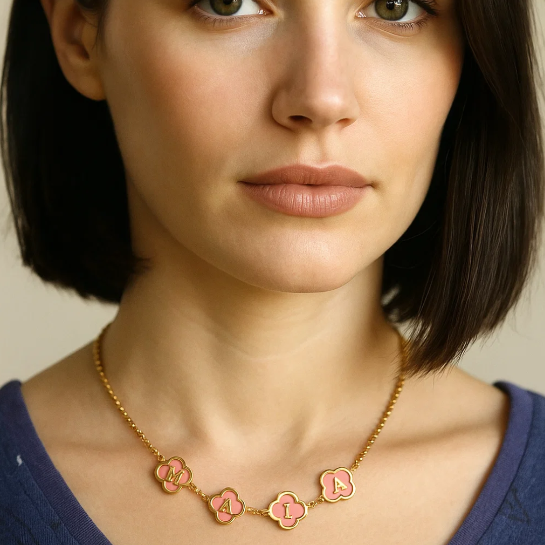 Clover Necklace - Personalised Clover Name Necklace, 18K Gold Plated Four-Leaf Pendant Waterproof