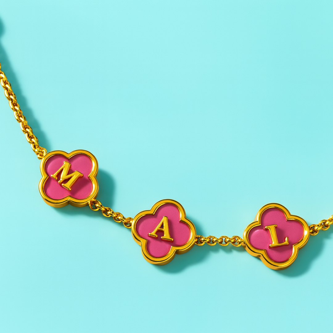 Clover Necklace - Personalised Clover Name Necklace, 18K Gold Plated Four-Leaf Pendant Waterproof