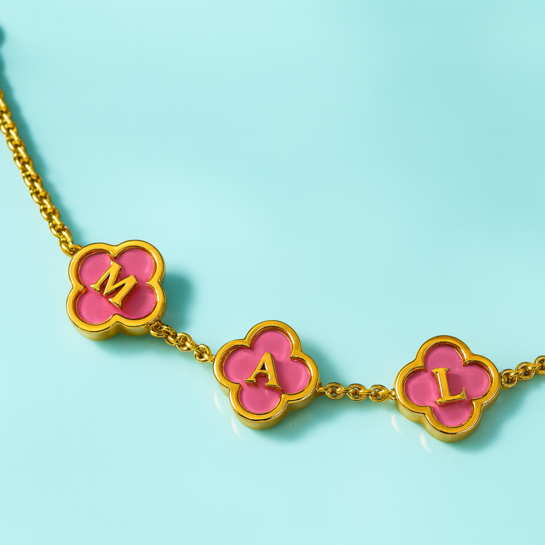 Clover Necklace - Personalised Clover Name Necklace, 18K Gold Plated Four-Leaf Pendant Waterproof