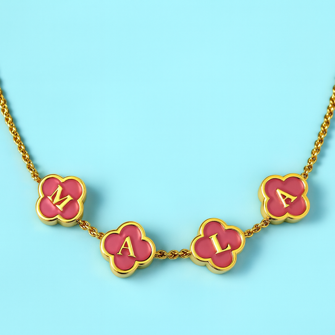 Clover Necklace - Personalised Clover Name Necklace, 18K Gold Plated Four-Leaf Pendant Waterproof