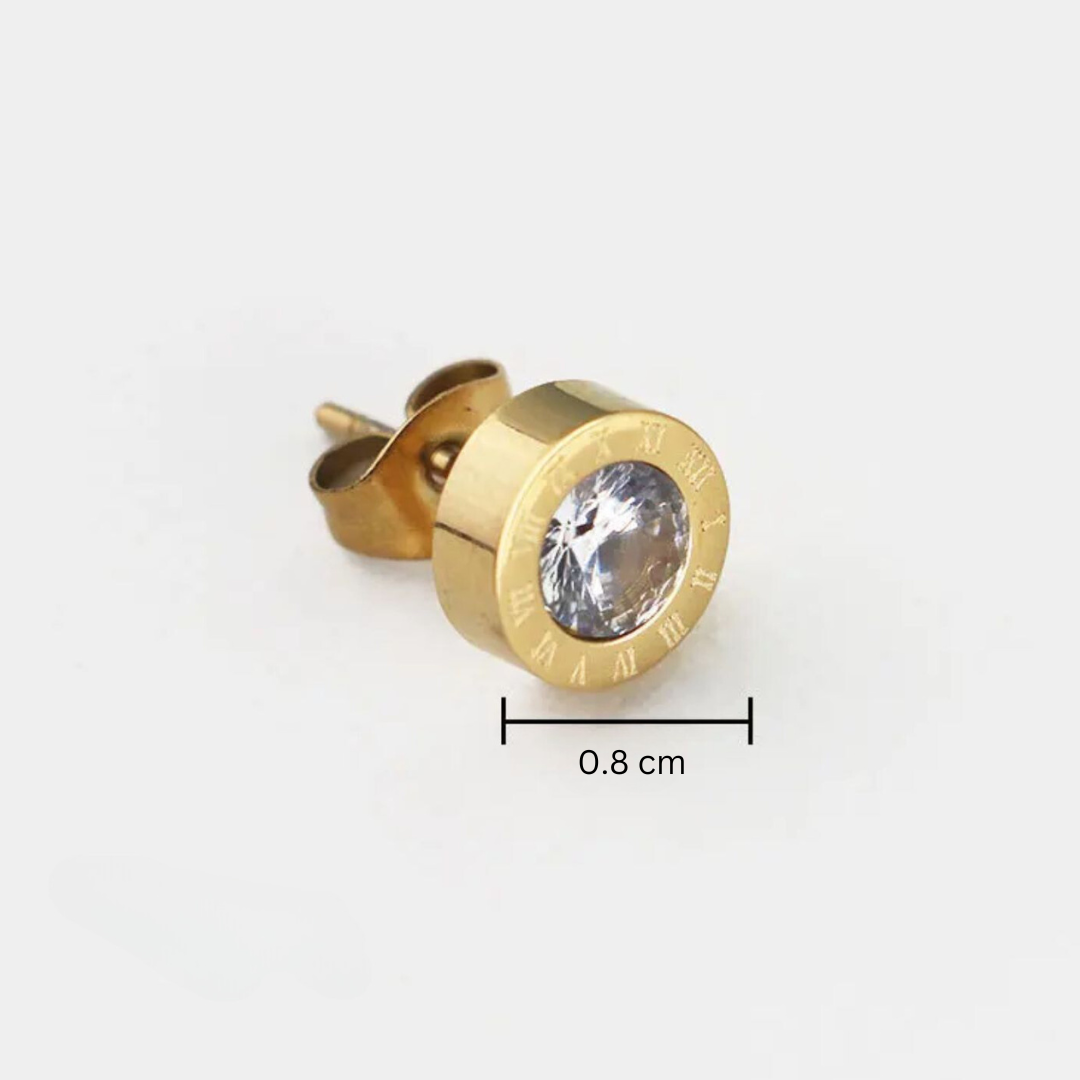 Maria | 18K Gold Plated Roman Numeral Round Zirconia Waterproof Earrings