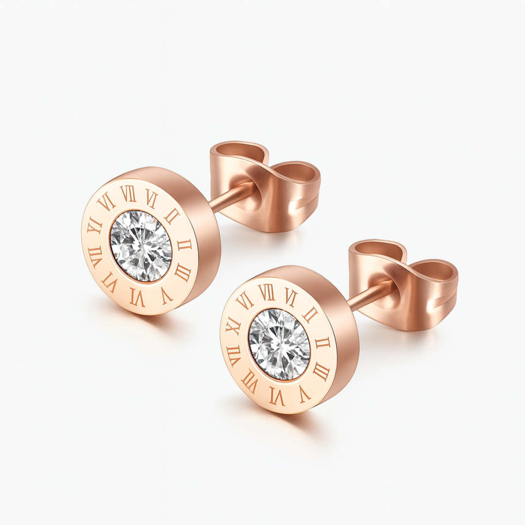 Maria | 18K Gold Plated Roman Numeral Round Zirconia Waterproof Earrings