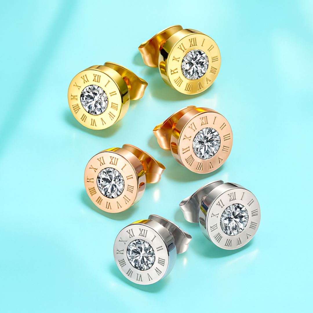Maria | 18K Gold Plated Roman Numeral Round Zirconia Waterproof Earrings