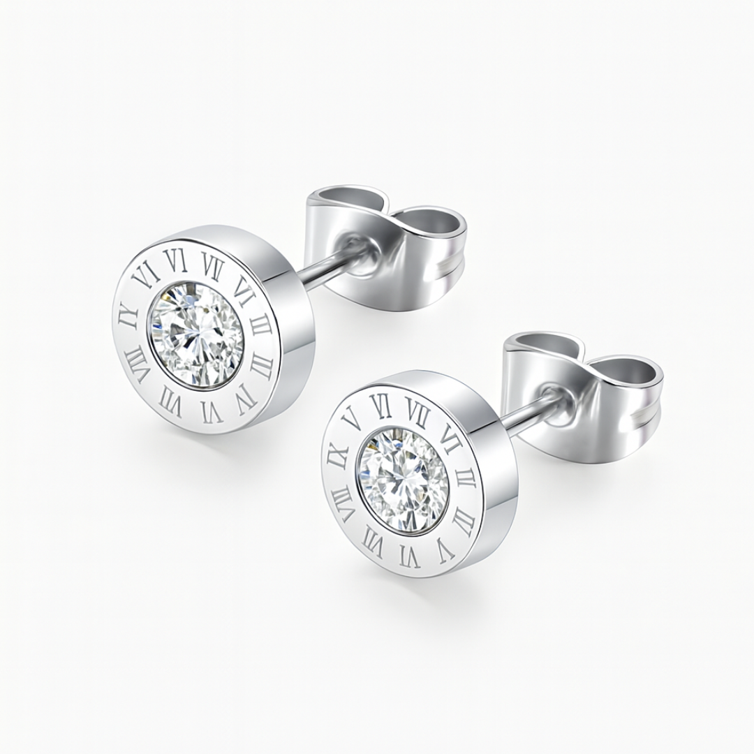 Maria | 18K Gold Plated Roman Numeral Round Zirconia Waterproof Earrings