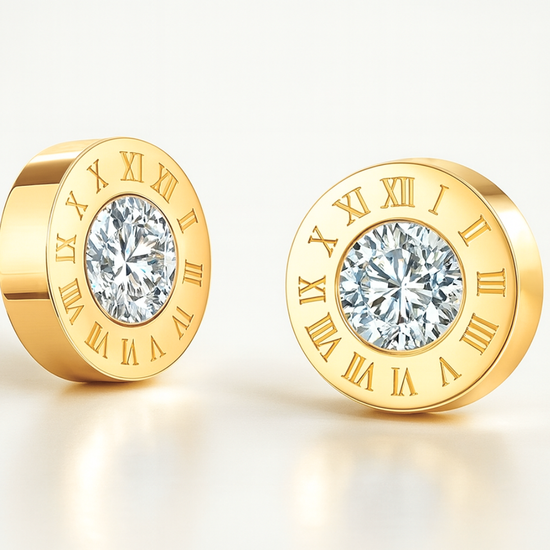 Maria | 18K Gold Plated Roman Numeral Round Zirconia Waterproof Earrings