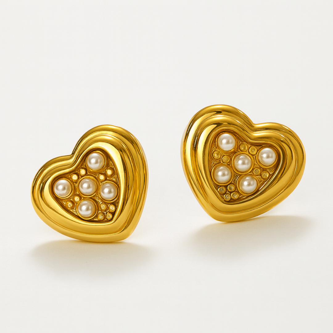 Harlow | 18K Gold Plated Heart Shaped Stud Waterproof Earrings with Pearls