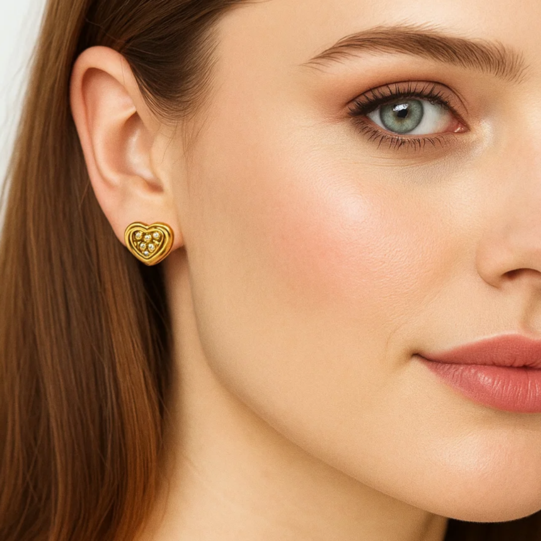 Harlow | 18K Gold Plated Heart Shaped Stud Waterproof Earrings with Pearls