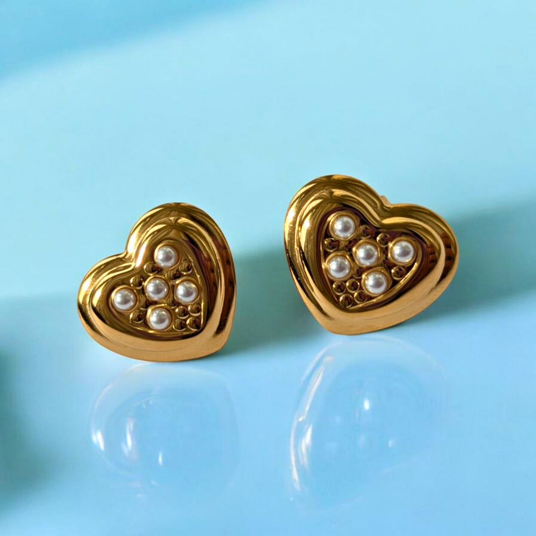 Harlow | Gold Plated Heart Shaped Stud Earrings with Pearls
