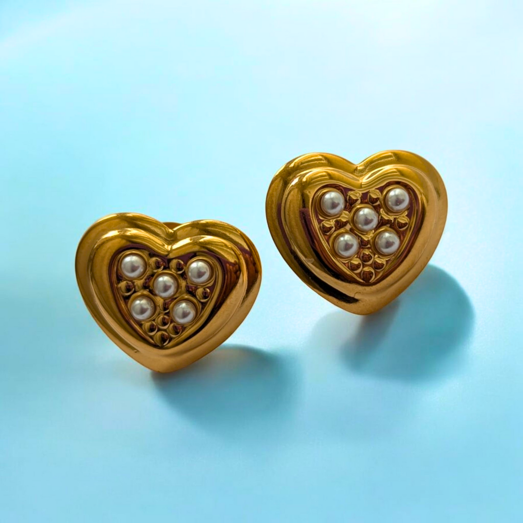 Harlow | Gold Plated Heart Shaped Stud Earrings with Pearls