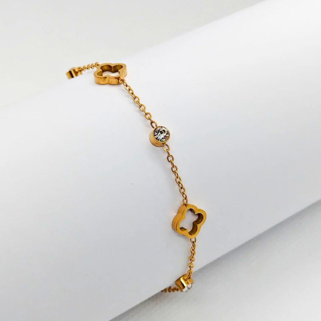 Rita | Gold Plated Hollow Clover Chain Bracelet with Zircons