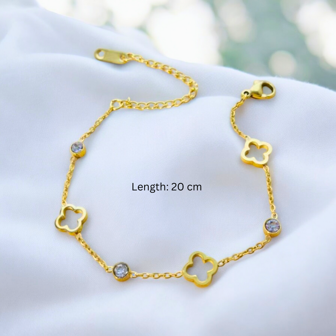 Rita | Gold Plated Hollow Clover Chain Bracelet with Zircons