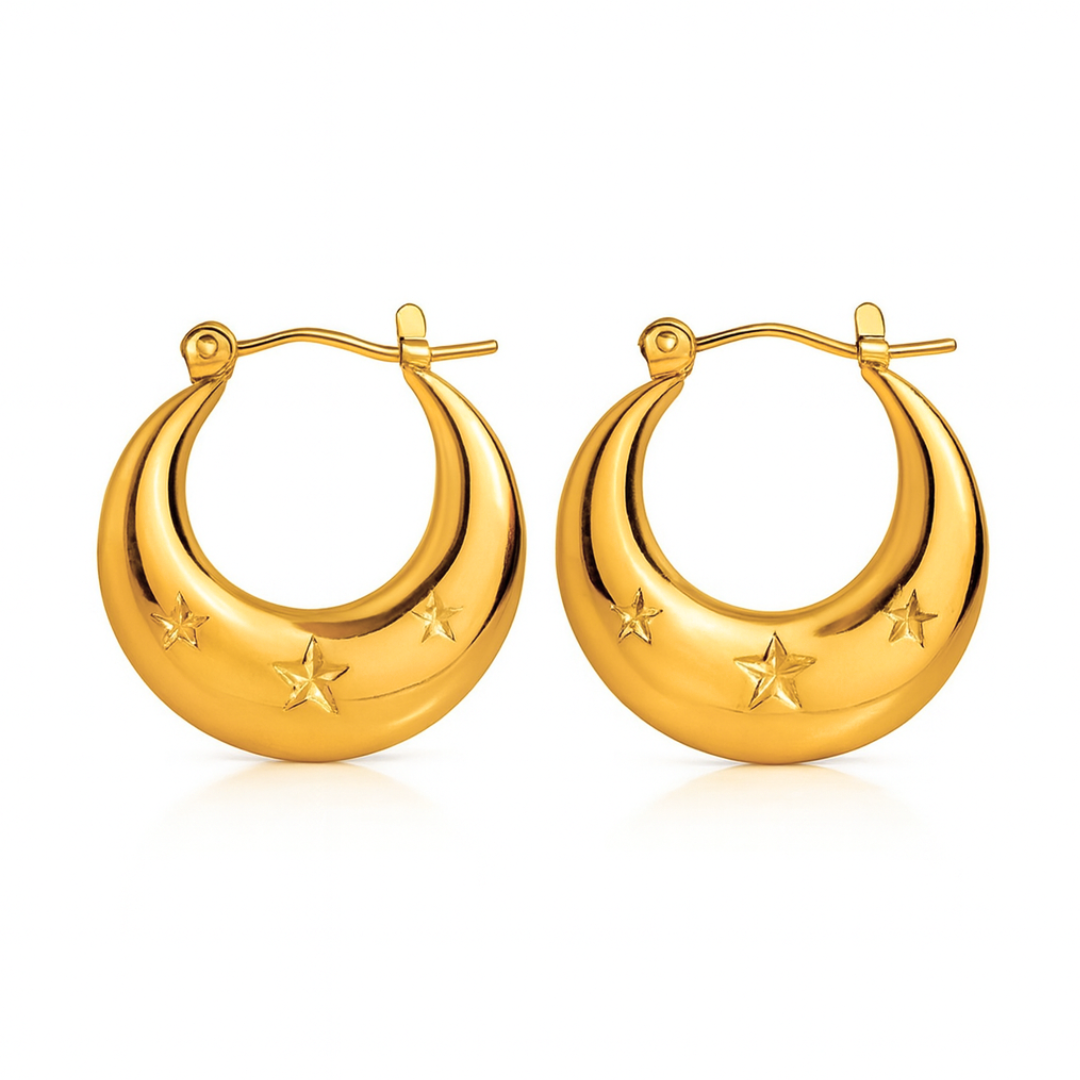 Arletta | 18K Gold Plated Star Carved Crescent Moon Hoop Waterproof Earrings