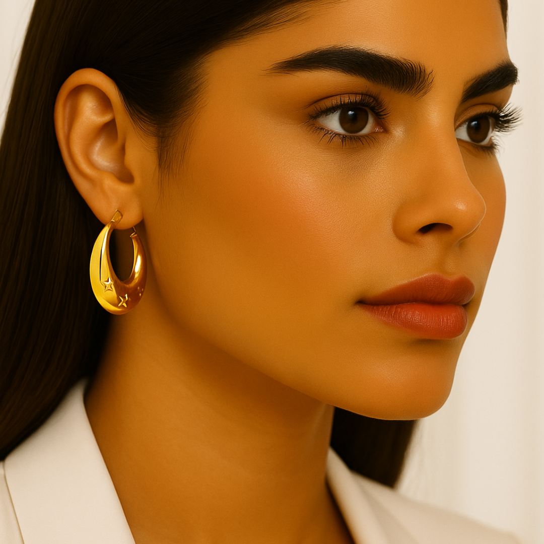 Arletta | 18K Gold Plated Star Carved Crescent Moon Hoop Waterproof Earrings