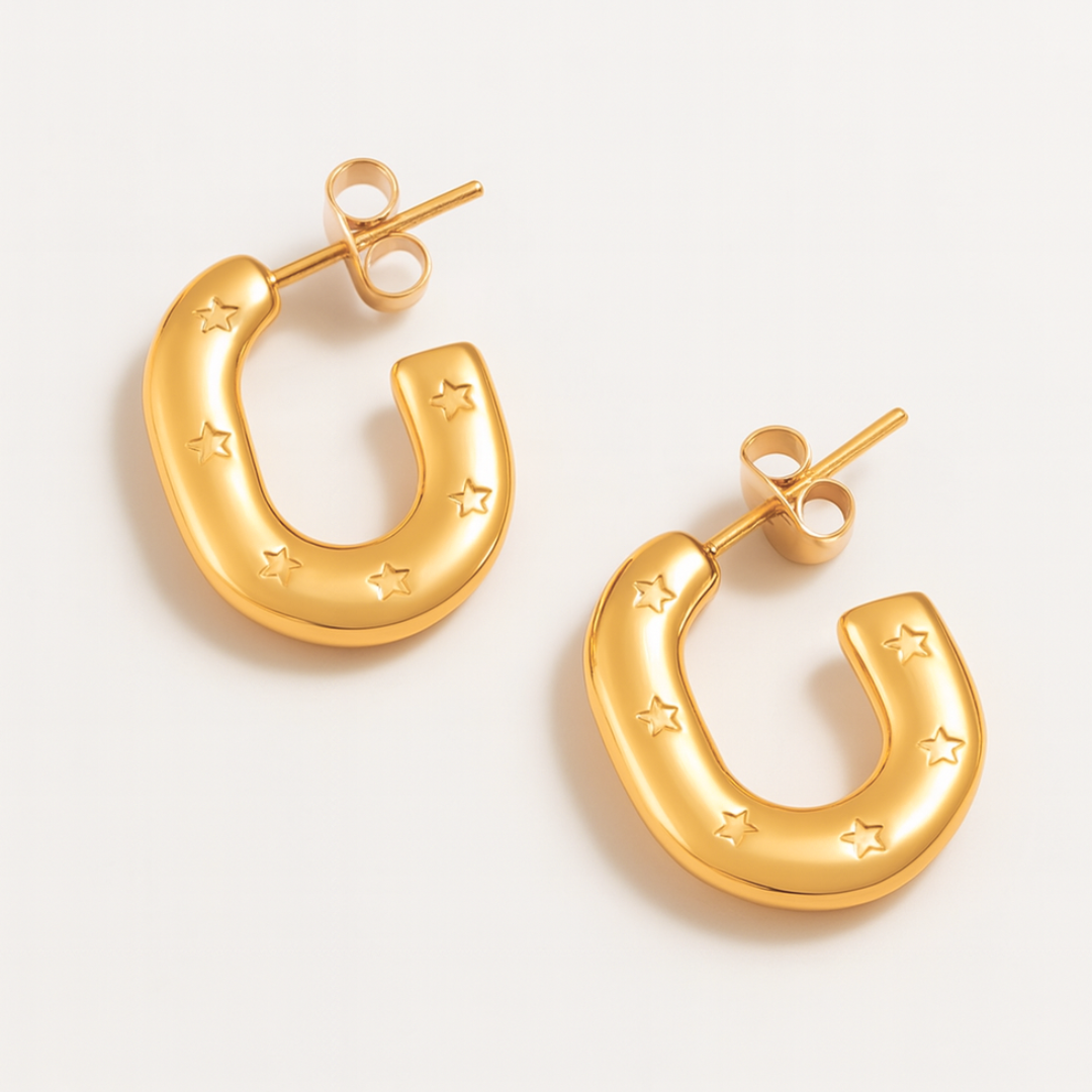 Lynn | 18K Gold Plated Carved Star C Shaped Hoop Waterproof Earrings