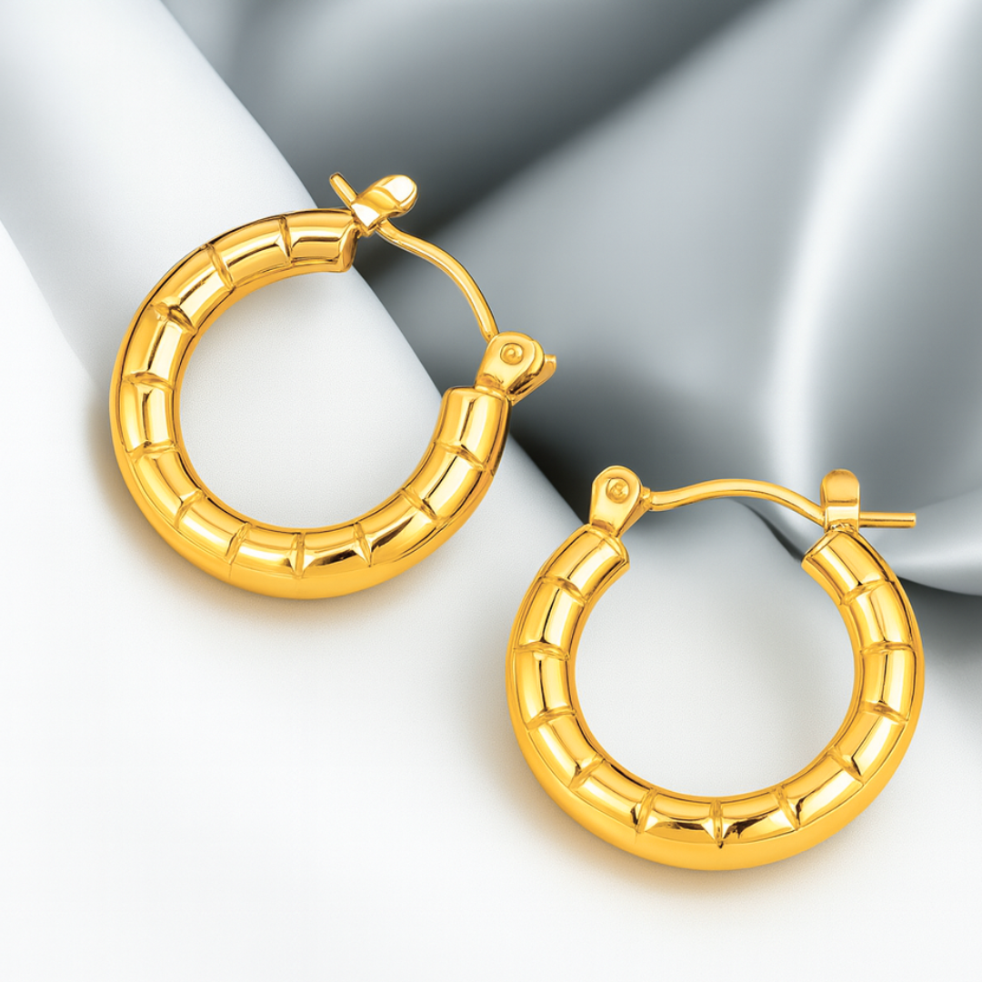 Avira | 18K Gold Plated Round Circle Textured Hoop Waterproof Earrings