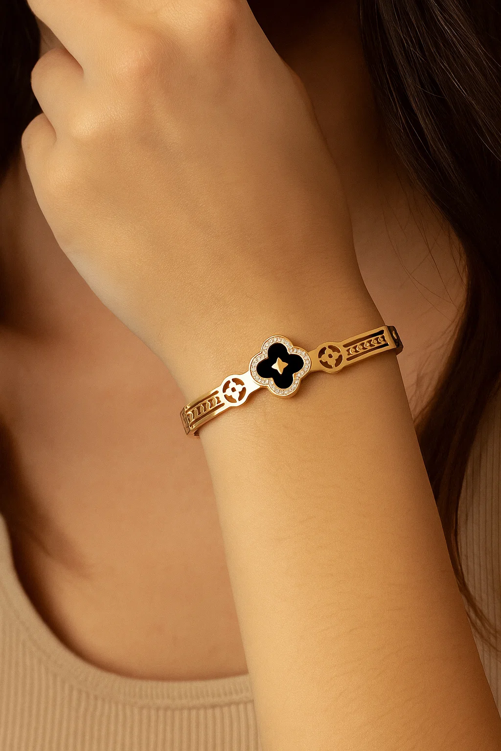 Alara | Gold Plated Black Clover Zircon Cuff Bracelet Bangle
