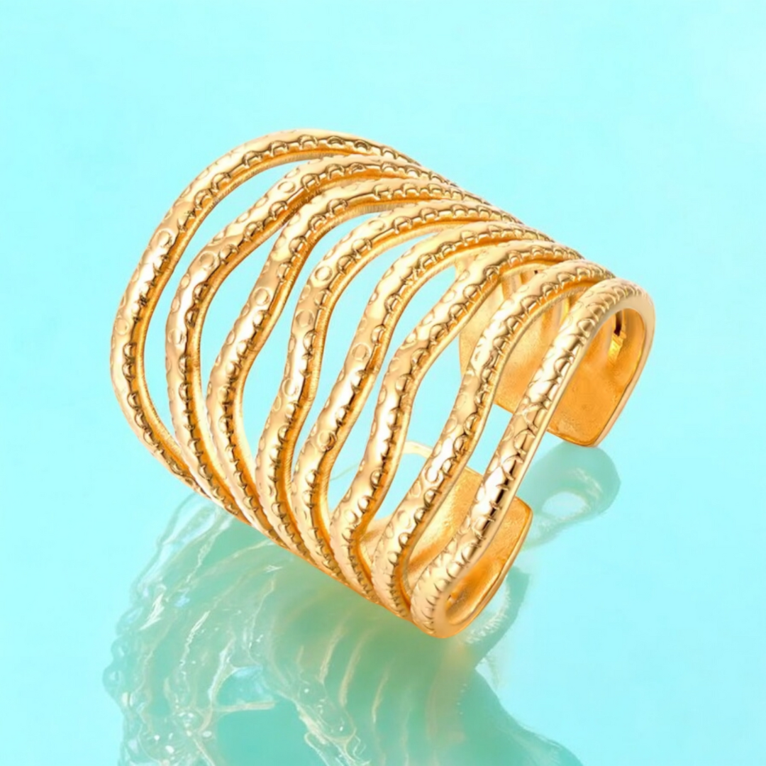 Mariza | Gold Plated Chunky Multi-Layer Wave Cuff Resizable Ring