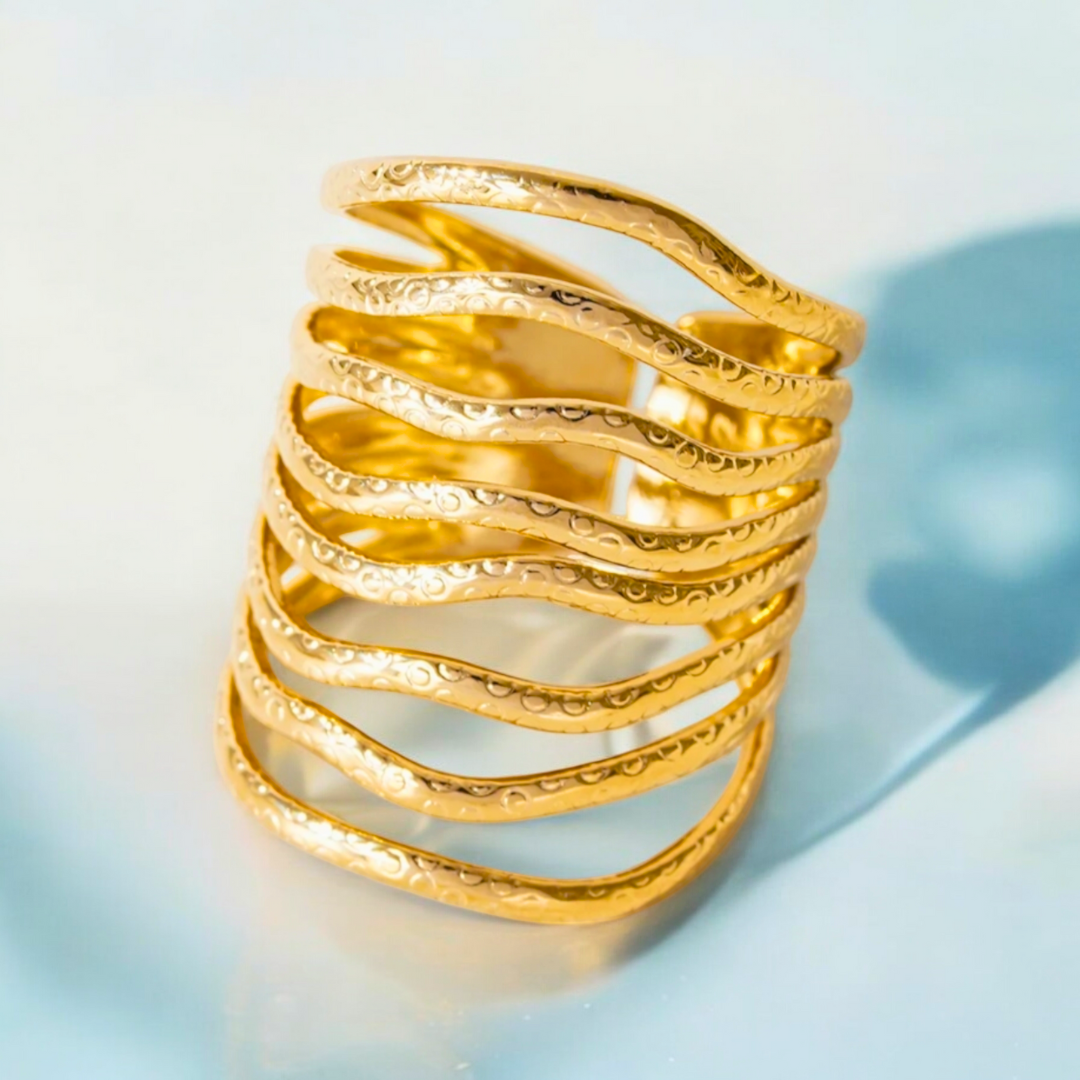 Mariza | Gold Plated Chunky Multi-Layer Wave Cuff Resizable Ring