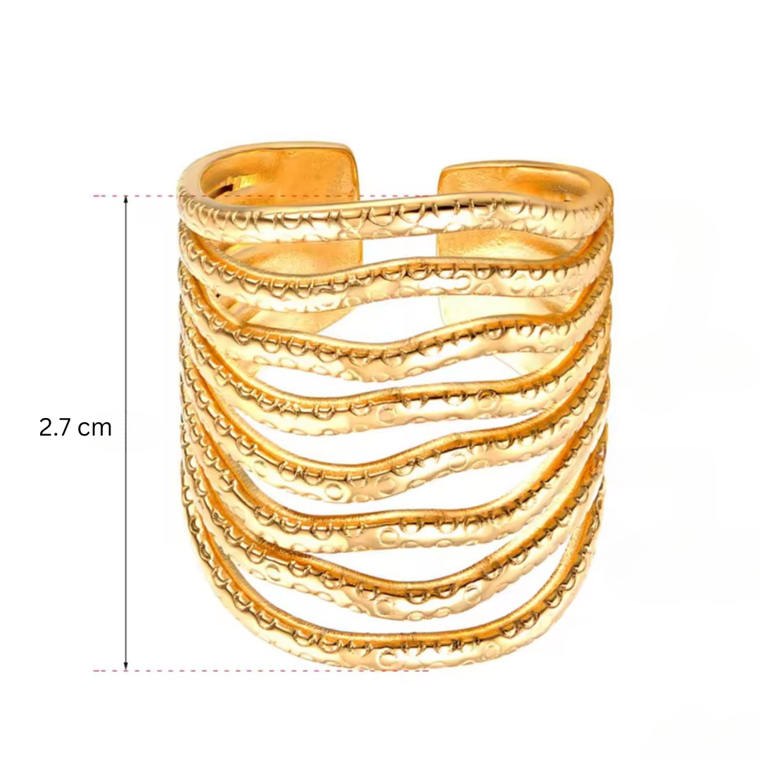 Mariza | Gold Plated Chunky Multi-Layer Wave Cuff Resizable Ring