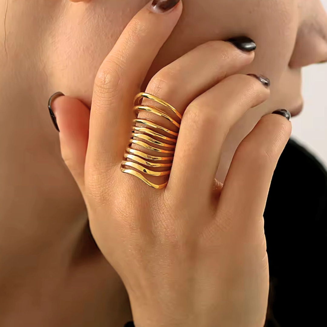 Mariza | Gold Plated Chunky Multi-Layer Wave Cuff Resizable Ring