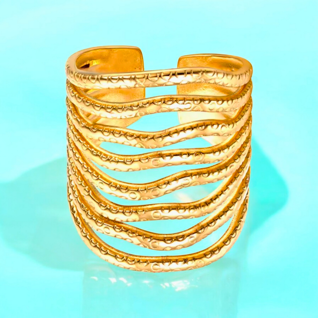 Mariza | Gold Plated Chunky Multi-Layer Wave Cuff Resizable Ring