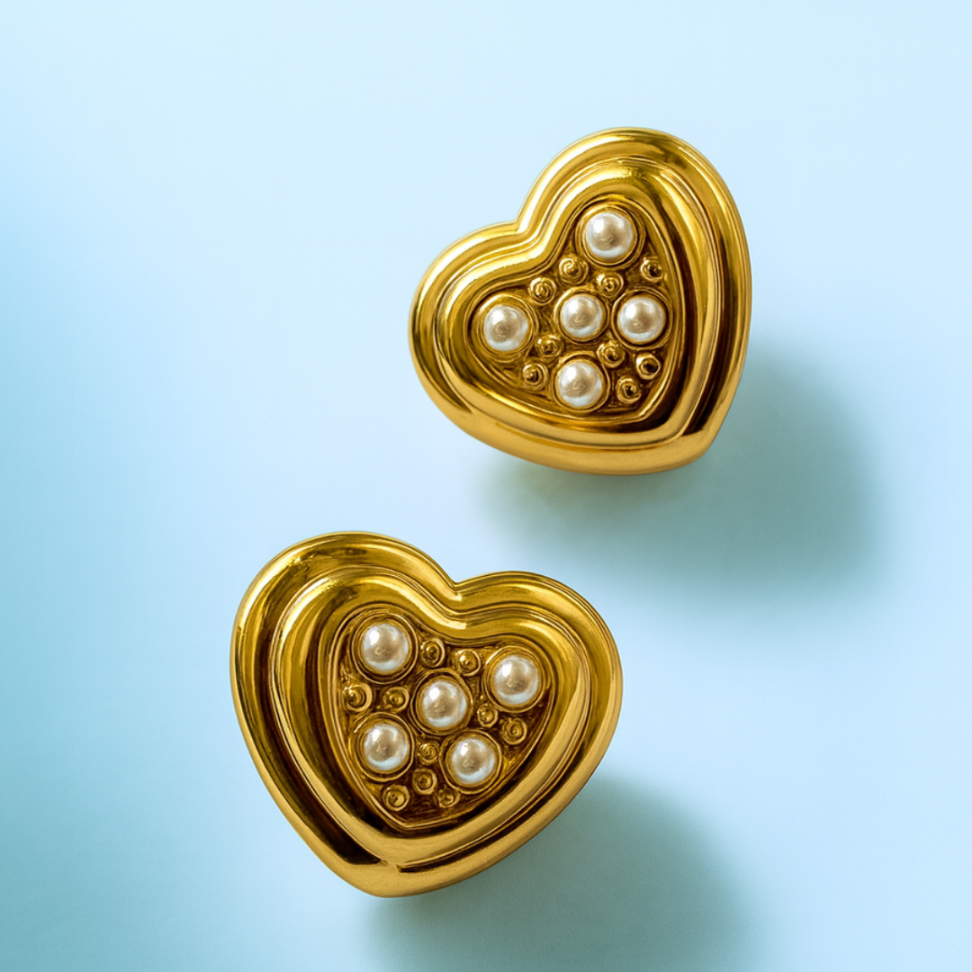 Harlow | 18K Gold Plated Heart Shaped Stud Waterproof Earrings with Pearls