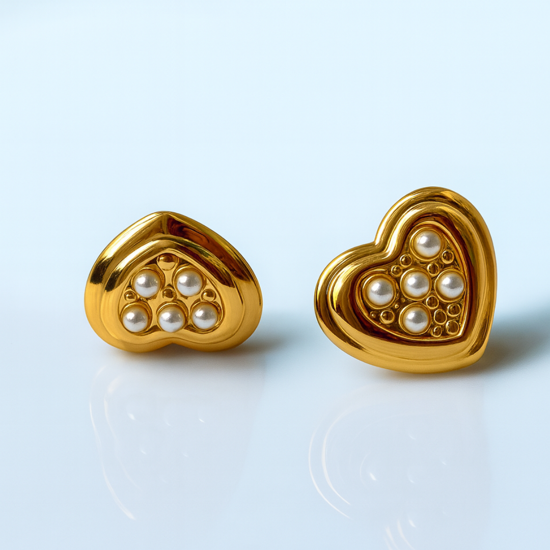 Harlow | 18K Gold Plated Heart Shaped Stud Waterproof Earrings with Pearls