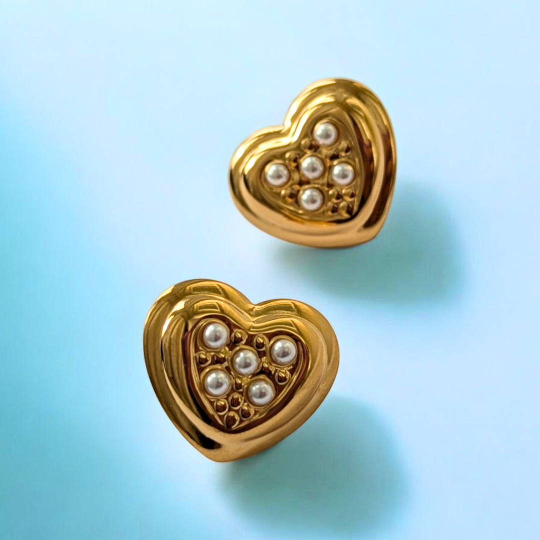 Harlow | Gold Plated Heart Shaped Stud Earrings with Pearls