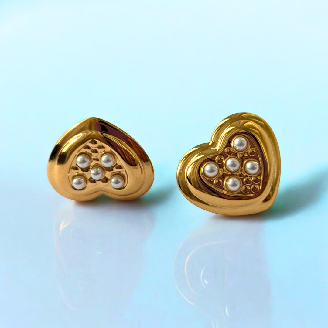 Harlow | Gold Plated Heart Shaped Stud Earrings with Pearls