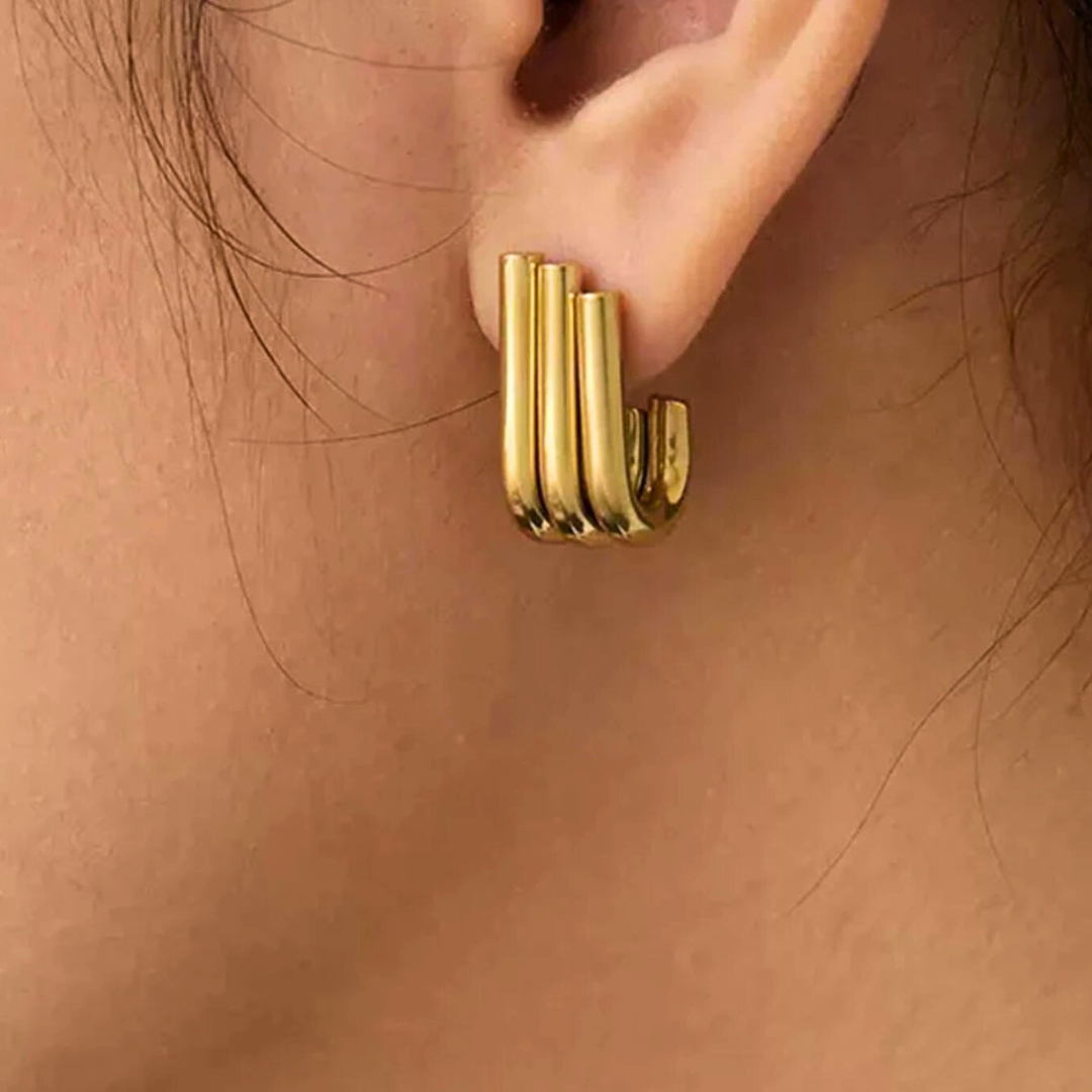 Rosara | Gold Plated Triple Hoop Pipe Bar Studs Stud Earrings