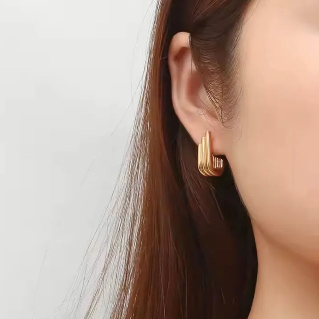Rosara | Gold Plated Triple Hoop Pipe Bar Studs Stud Earrings